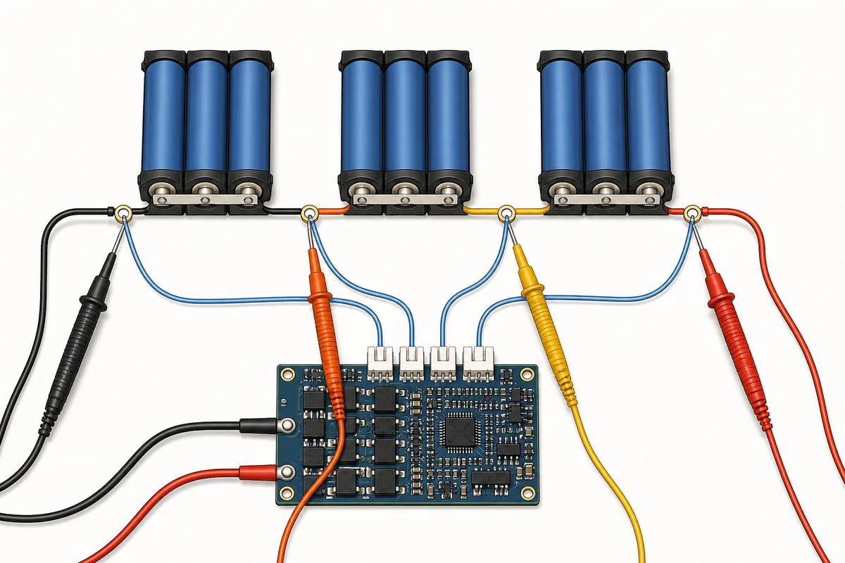 Illustrazione editoriale di tre gruppi di batterie in serie, una scheda BMS generica e un multimetro