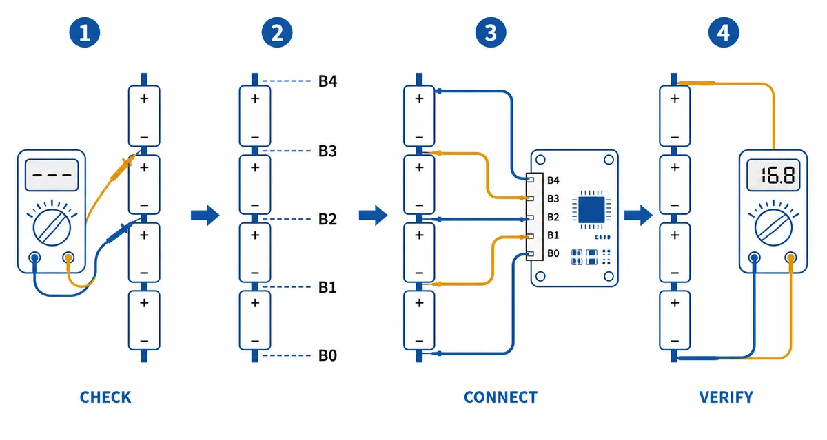 Illustrazione editoriale in quattro passaggi per controllare i fili di bilanciamento B0-B4 di una batteria 4S