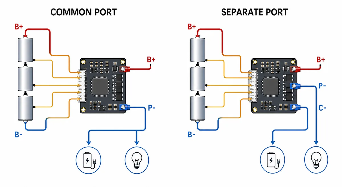 Confronto editoriale tra i percorsi negativi a porta comune e a porte separate di un BMS 4S