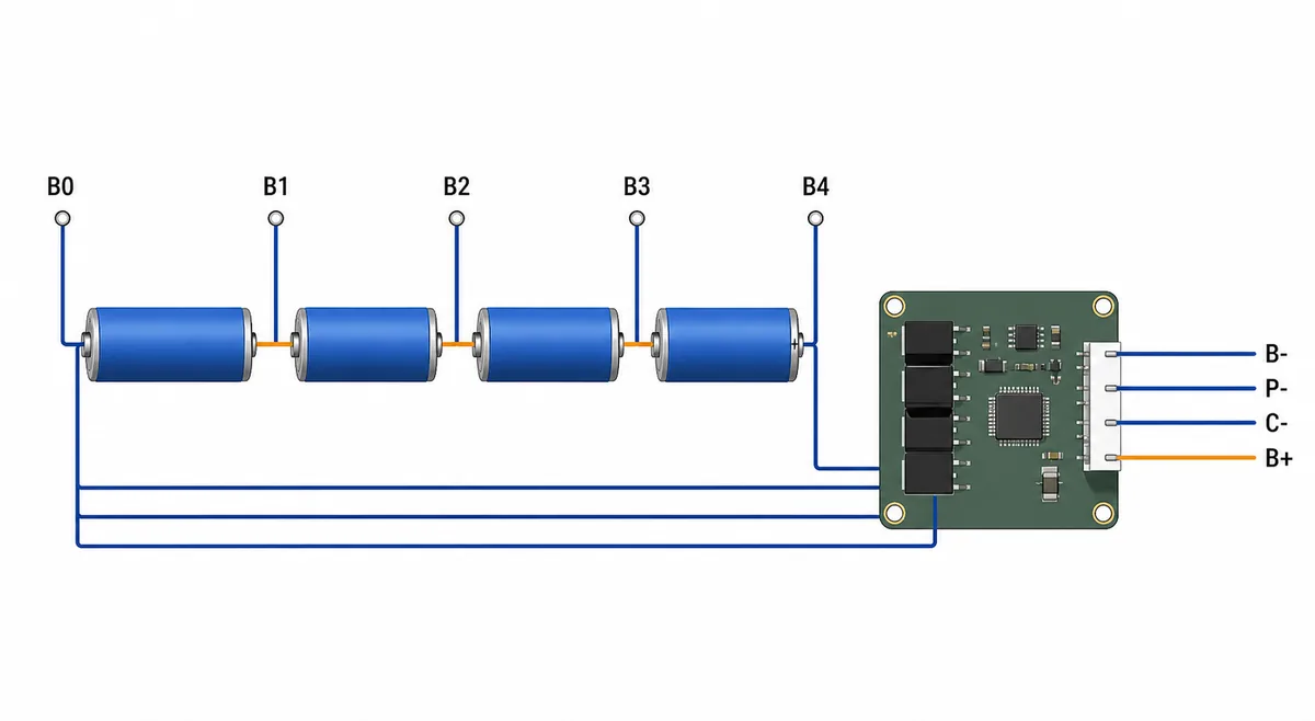 Schema editoriale di una batteria 4S con BMS che mostra quattro gruppi in serie e i nodi B0-B4