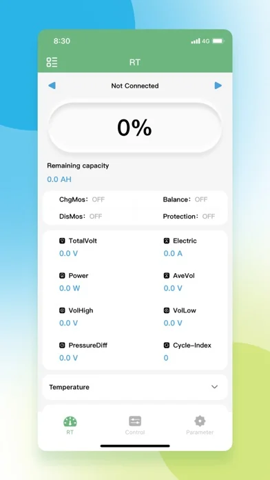 Real BAT BMS app screenshot showing RT monitoring dashboard