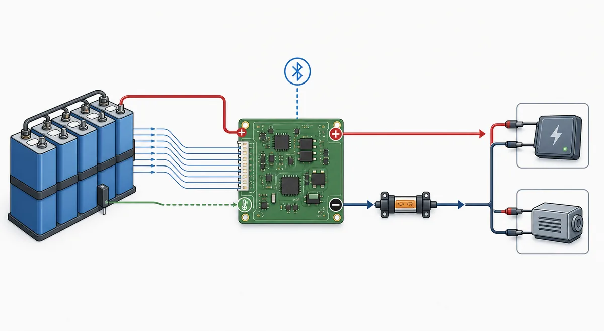 Conceptual diagram of a lithium battery, BMS, balance wires, fuse, charger, load and Bluetooth check