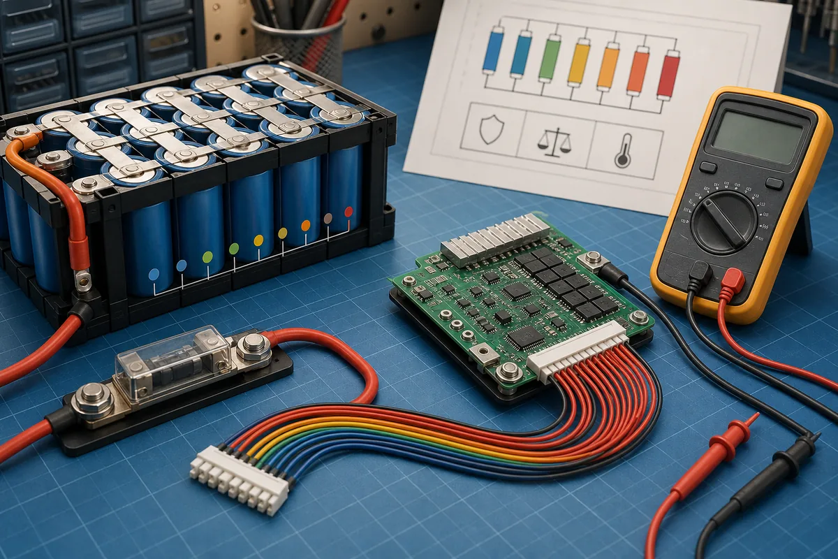 Editorial illustration of a lithium battery pack, BMS board, fuse and multimeter