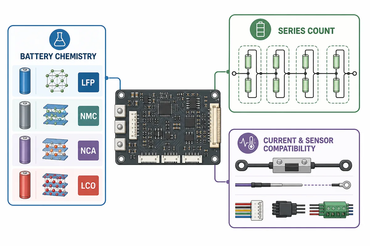 Comparison illustration of lithium battery chemistry, series count and BMS compatibility factors
