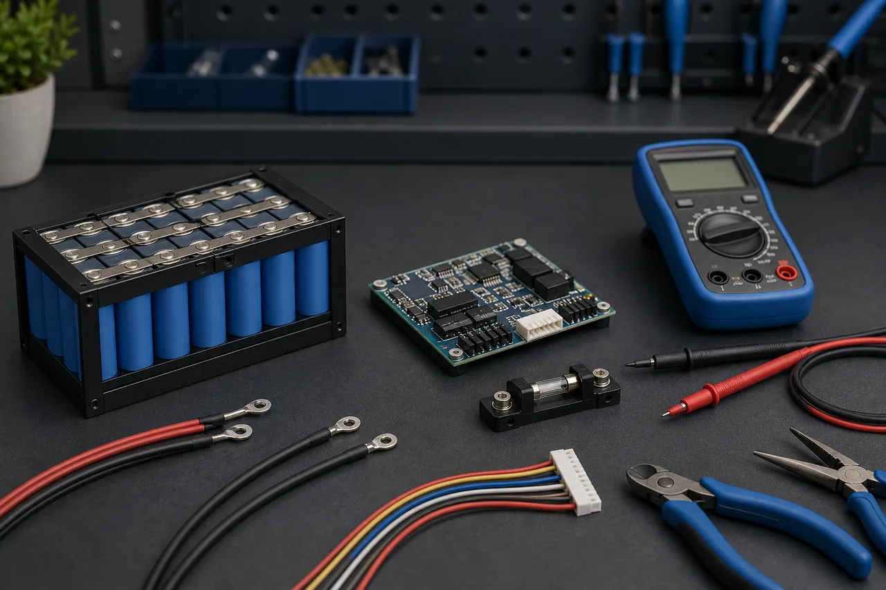 Illustration eines getrennten Akkupacks mit BMS, Balancerstecker und Multimeter