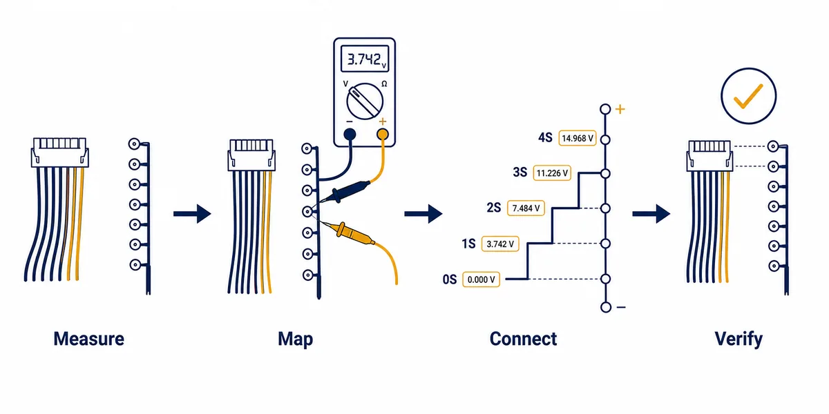 Diagrama editorial em quatro etapas para medir, mapear, conectar e verificar um chicote de balanceamento Daly BMS