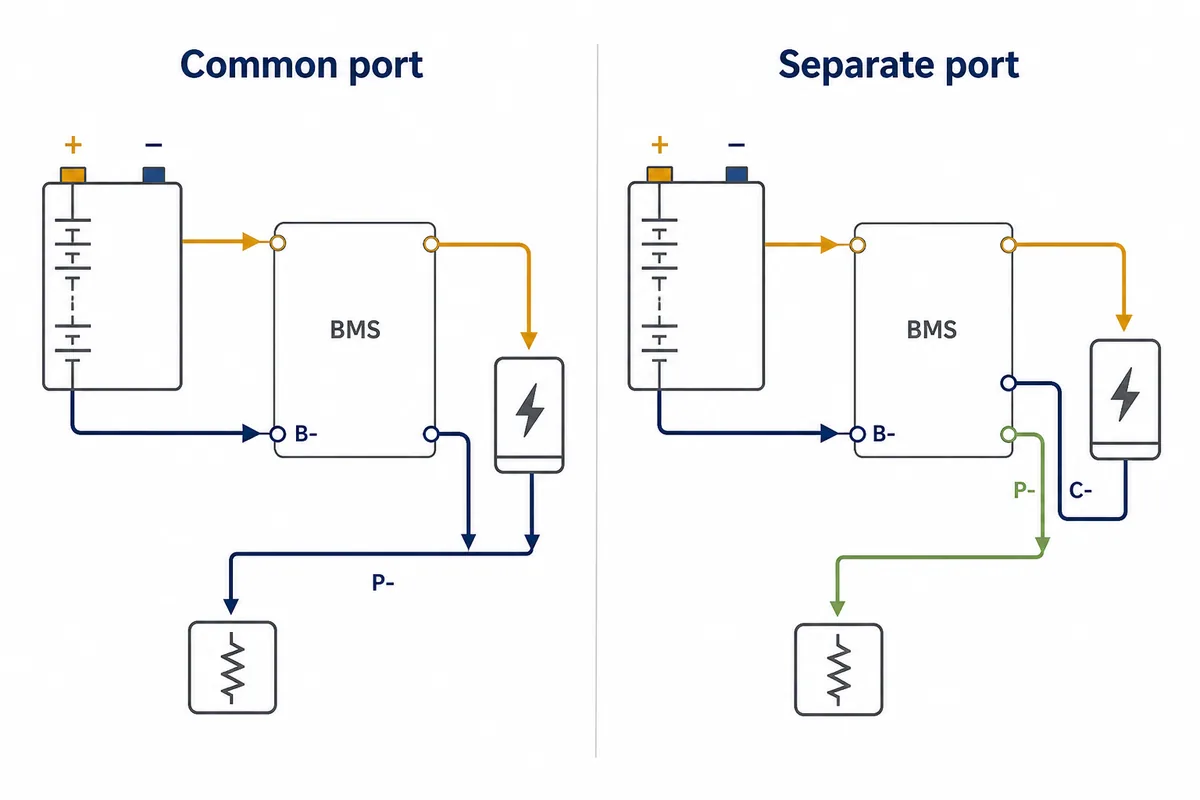 Comparação editorial entre portas comuns e separadas de BMS usando os caminhos negativos B-, P- e C-