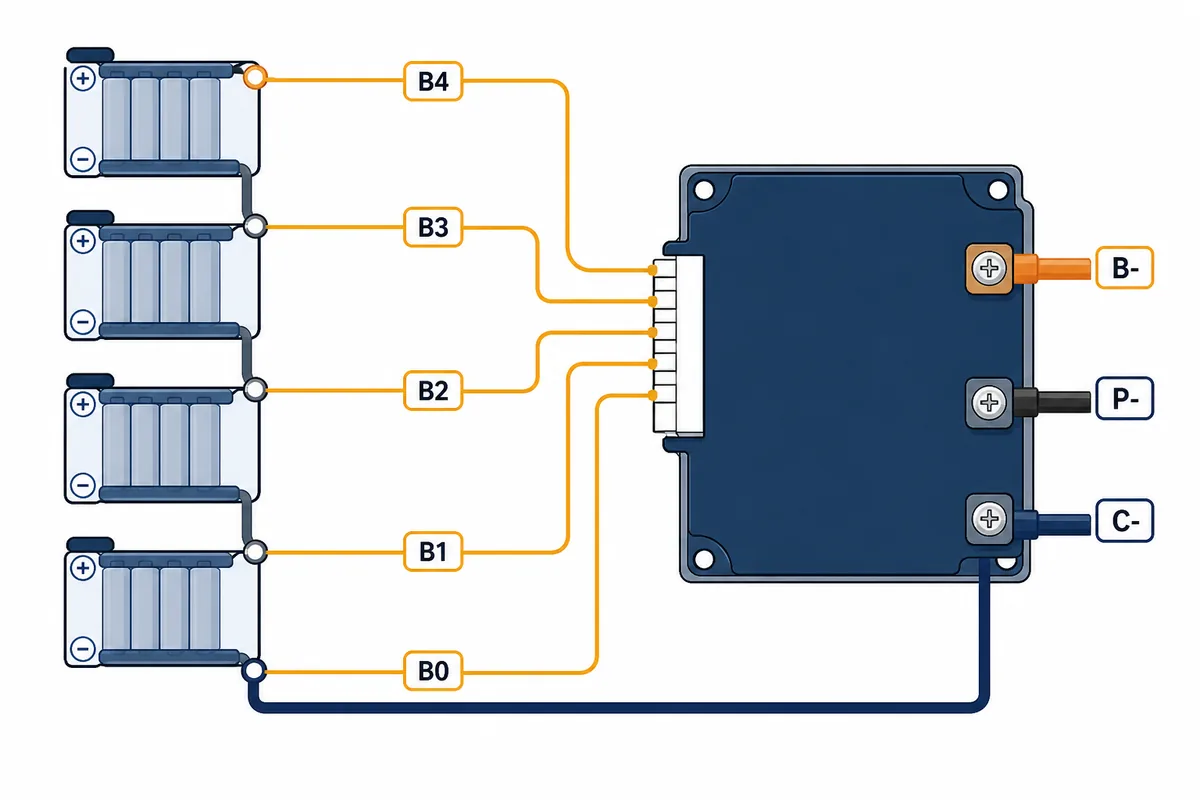 Diagrama conceitual de ligação de um Daly BMS com quatro grupos de células em série, nós de balanceamento B0 a B4 e terminais B-, P- e C-