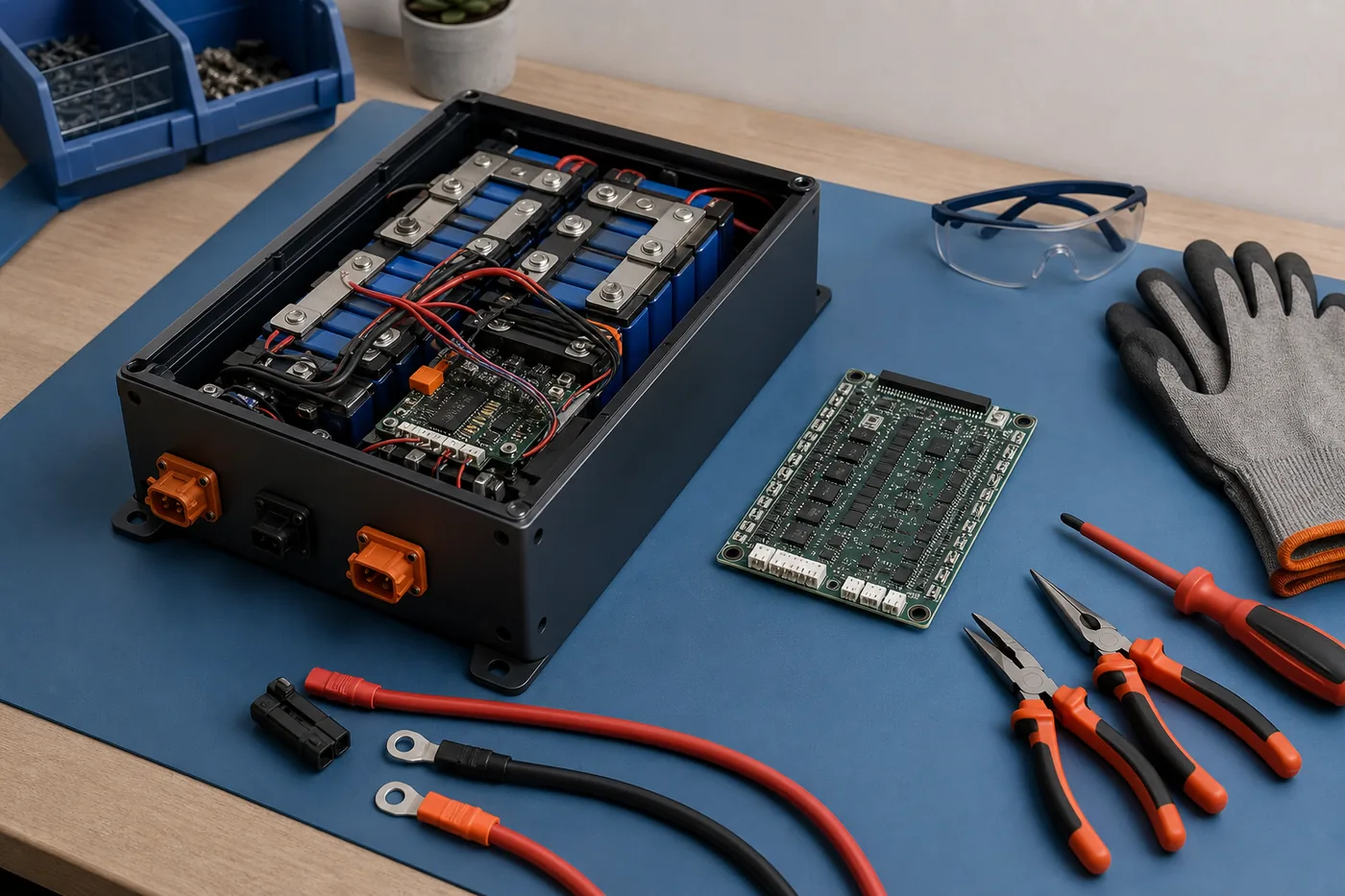 Illustration d’une batterie LiFePO4 ouverte avec un BMS de remplacement et des outils isolés