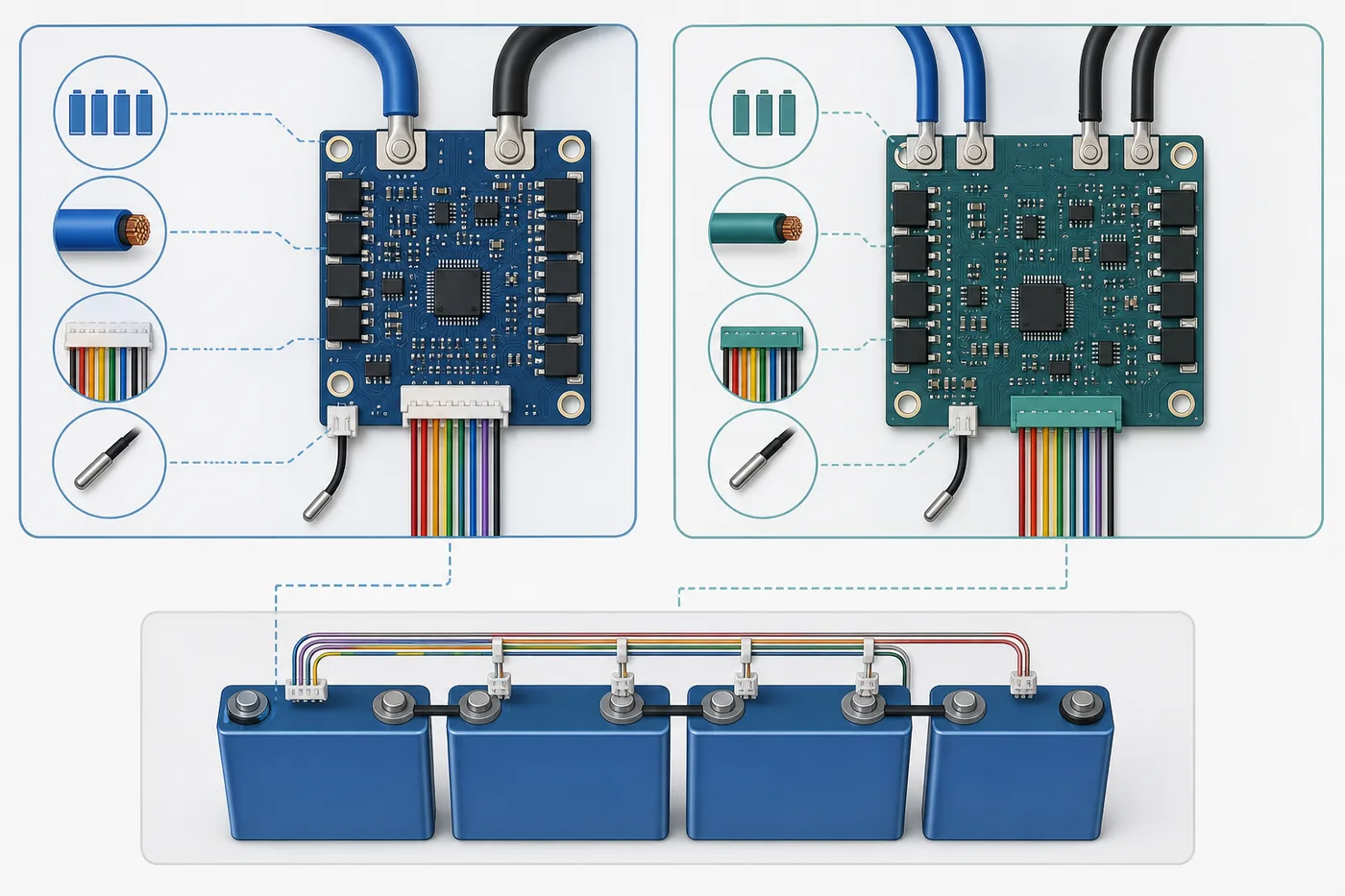 Comparaison illustrée de cartes BMS, connecteurs d’équilibrage, sondes et cellules