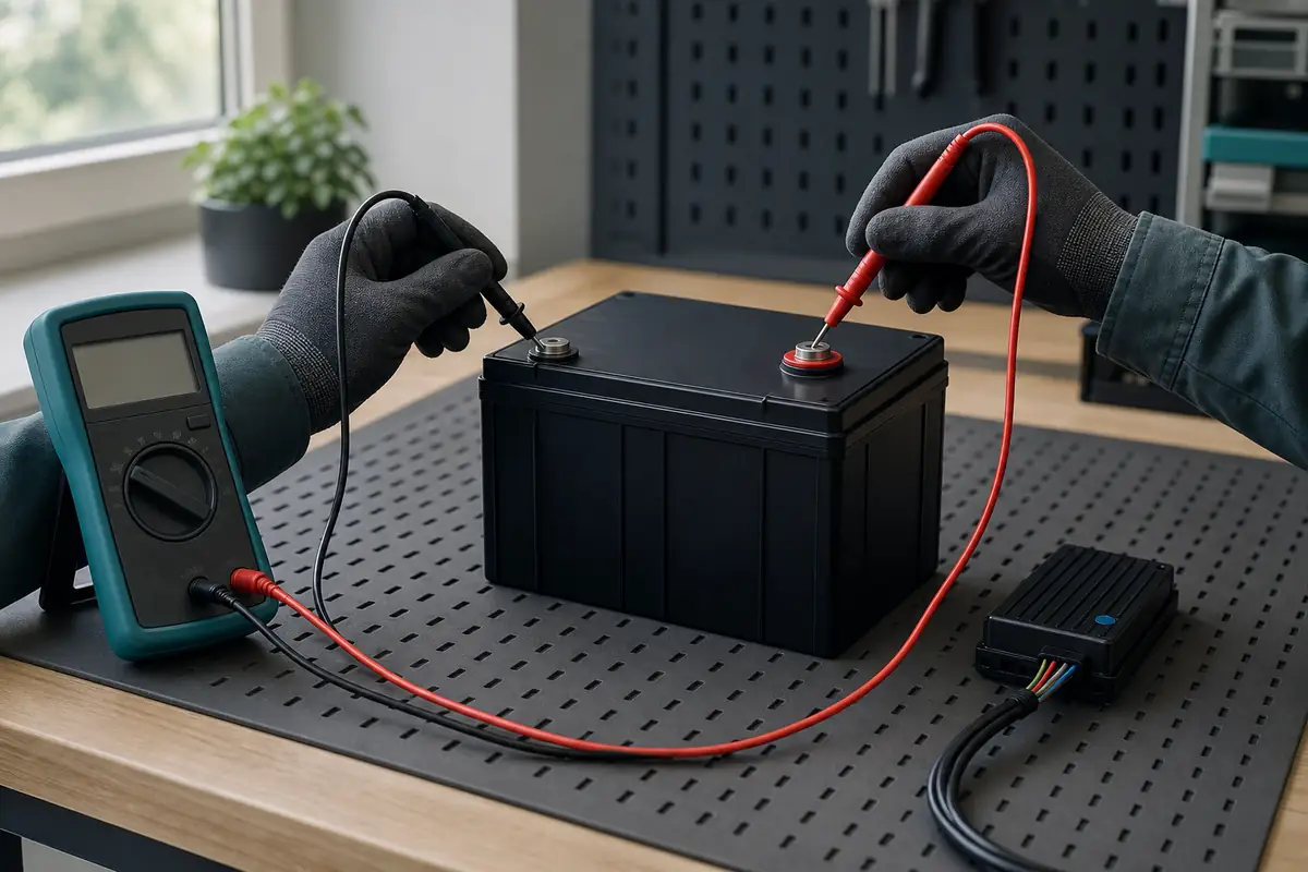 Redaktionelle Illustration eines isolierten Multimeters an einem intakten Akku