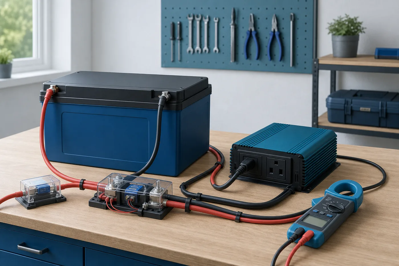 Illustration mit LiFePO4-Batterie, Sicherung, Wechselrichter und Strommessgerät